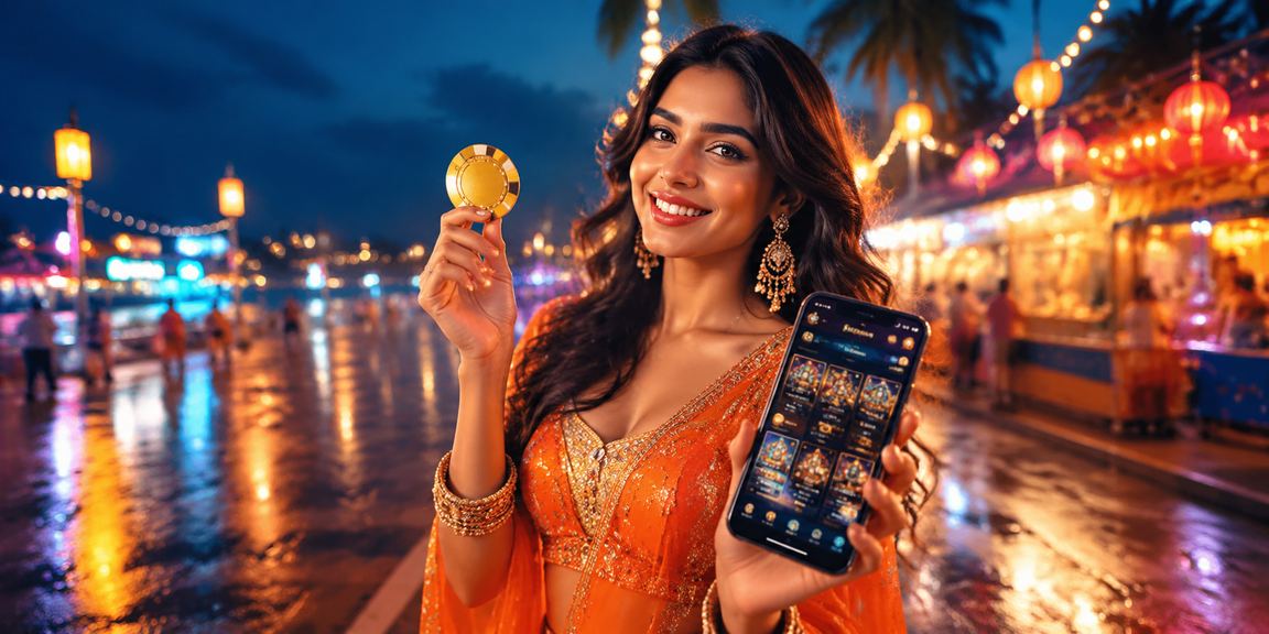 Players enjoying Teen Patti on mobile device in a lively night market